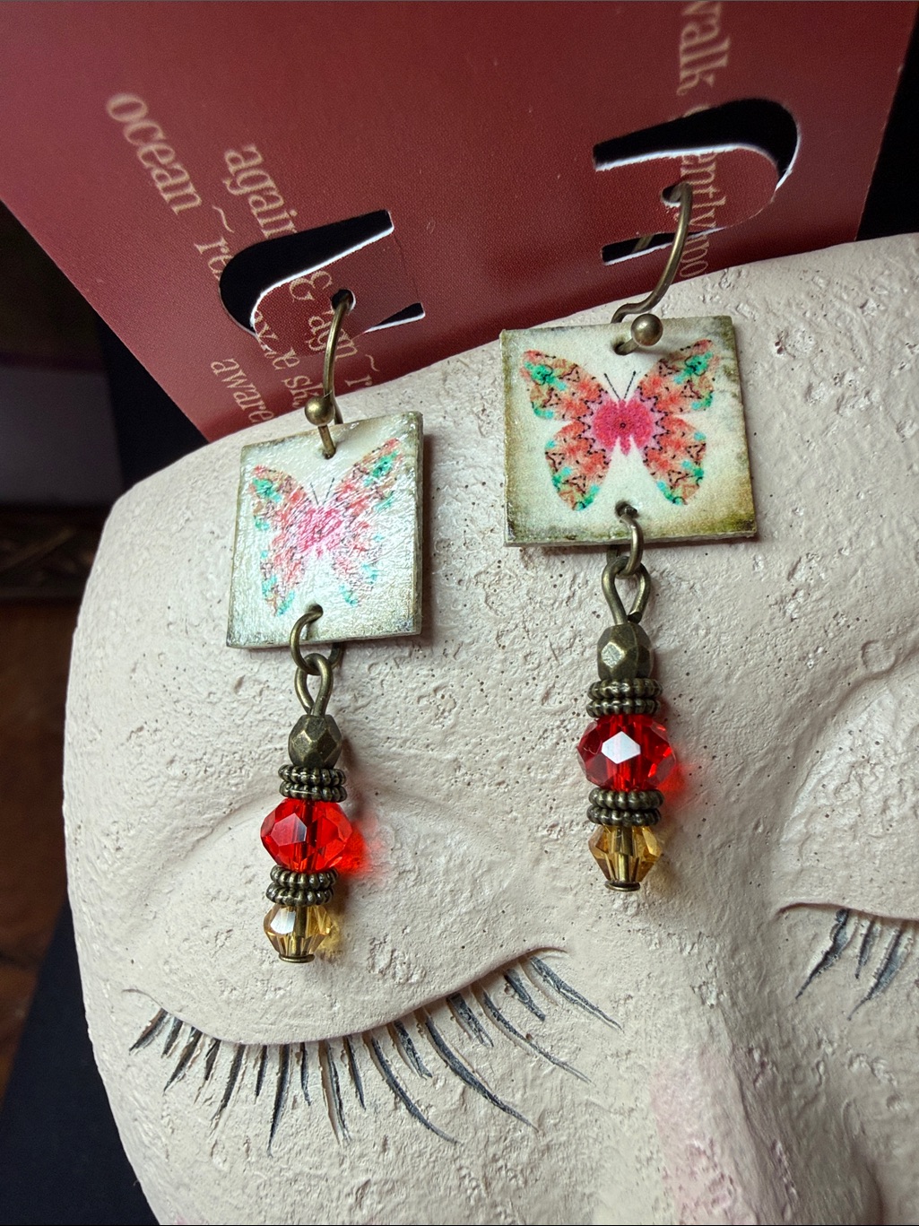 Handmade Butterfly Tile Drop Artboard Earrings In Red And Gold